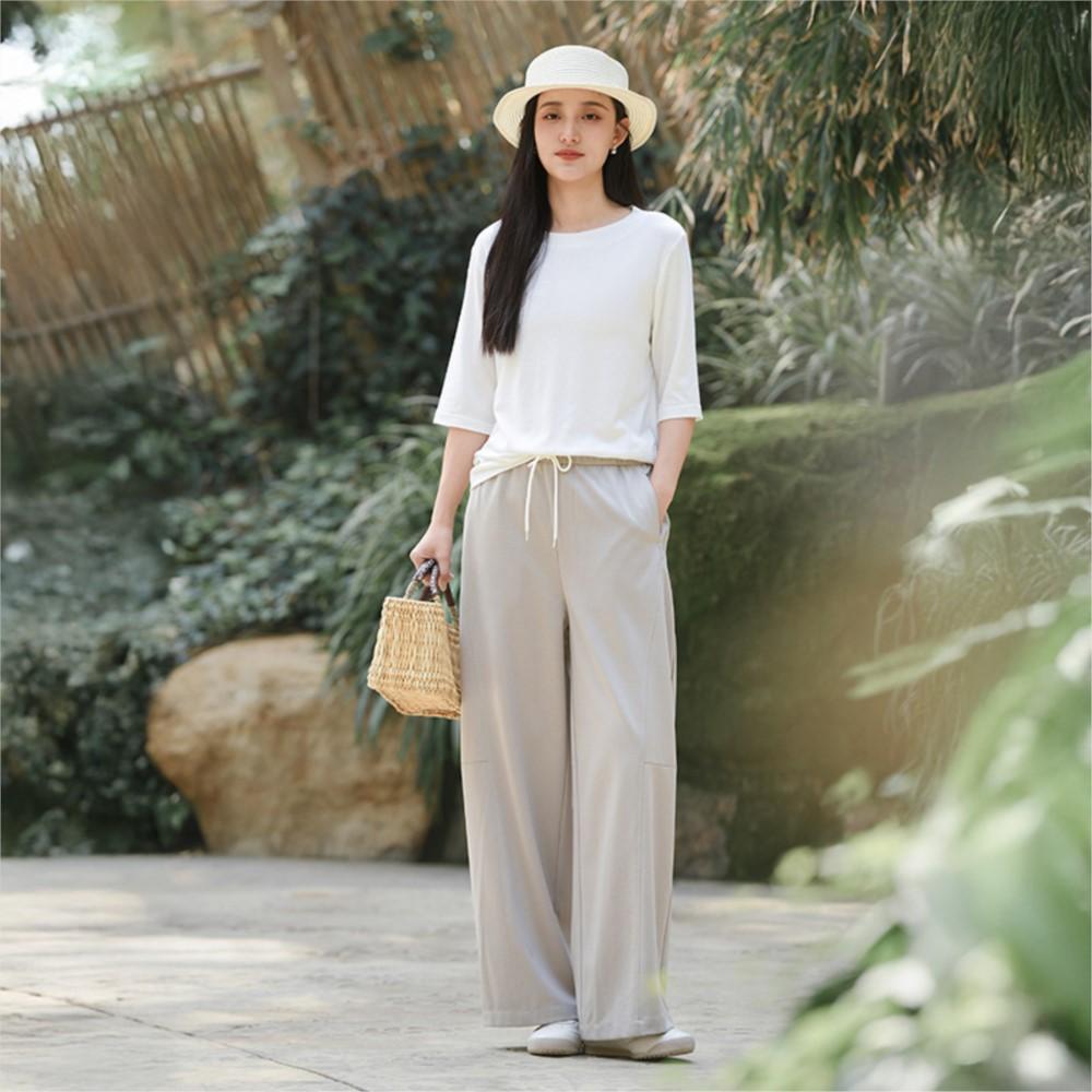 Johnature Women Vintage Straight Pants Summer Chinese Style Elastic Waist Trousers Casual Patchwork Loose Pants