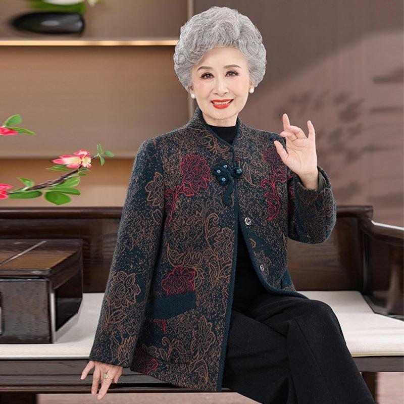 Middle-aged elderly autumn clothes female grandma woolen coat mother autumn and winter new old man old lady thickened Tang suit top