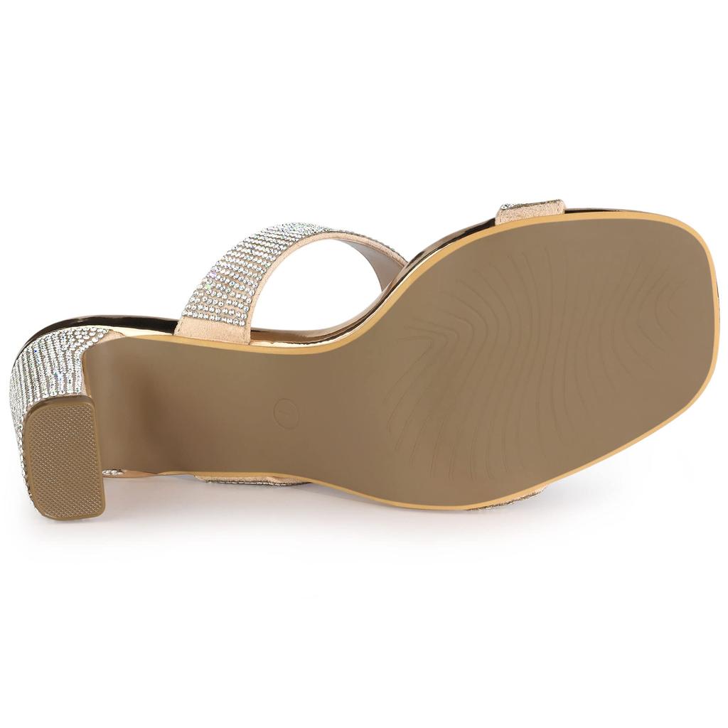 Allegra K Women's Sleek Rhinestone Mule Sandals with Square Toe and Chunky Heel, Rose Gold, Size 26.0cm
