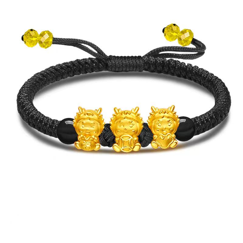 Women s 2024 Zodiac Gold Dragon Luck Bead Bracelet with Red Handwoven Rope