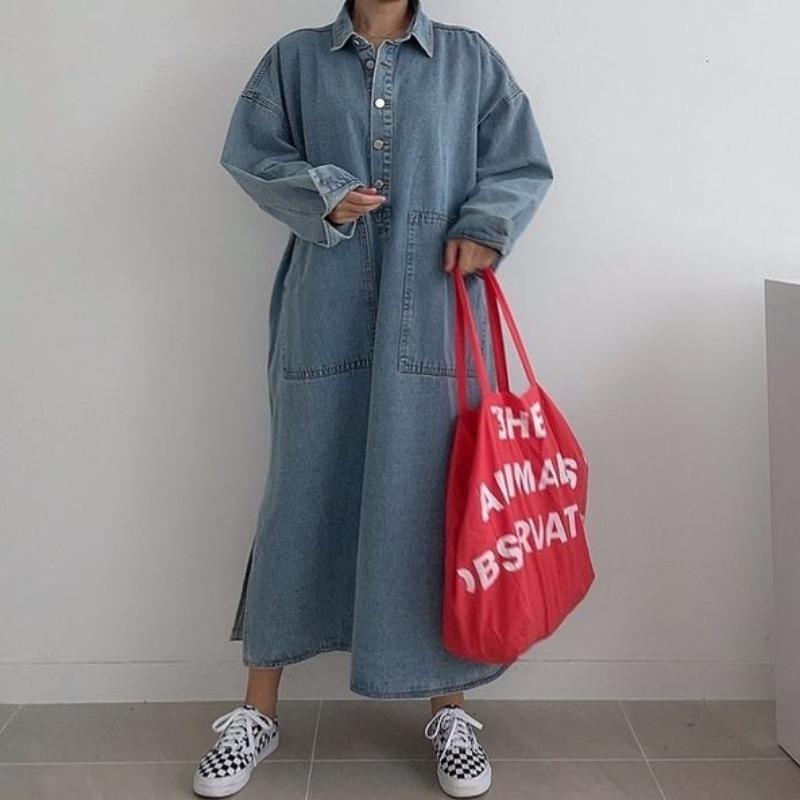 Retro Chic Lazy Long Sleeve Denim Dress Loose Casual  Women's Maxi Drress