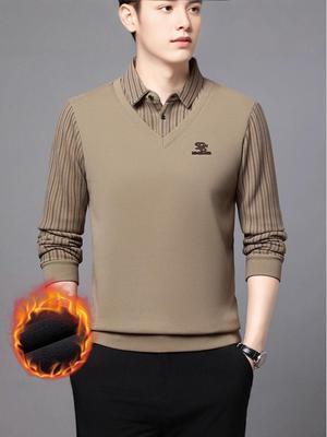 Men's Fleece-Lined Long-Sleeve Polo Shirt - Two-Piece Style with Turn-Down Collar