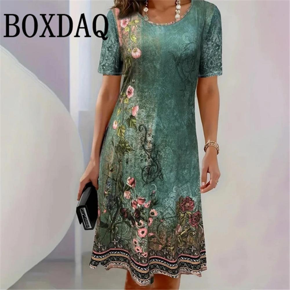 Vestido Nuevo para Mujer Estampado 3D de Manga Corta de Longitud Media Moda Verano Otoño Cuello Redondo Holgado Vestido Vintage Ropa Elegante para Mujer