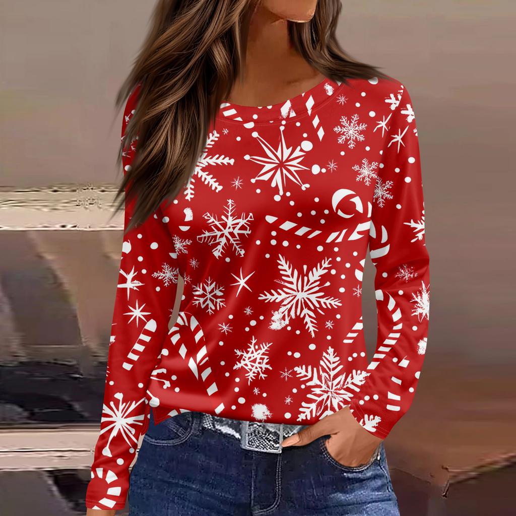 Women's Fashion Casual Slit Hem Round Neck Long Sleeve Loose Christmas Printed T-Shirt Ladies Top
