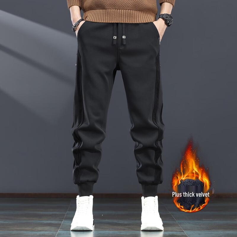 Męskie spodnie dresowe JieLeNuo z sztruksu patchworkowego, podszyte polarem