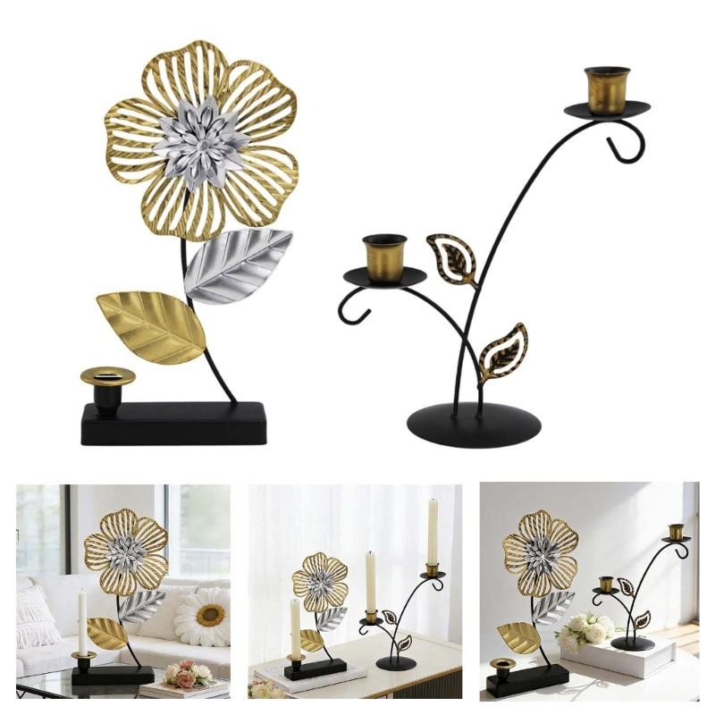 Modern Iron Flower Carving Taper Candle Holders Elegant Metal Candlestick Stand for Table Centerpieces Decoration Gift