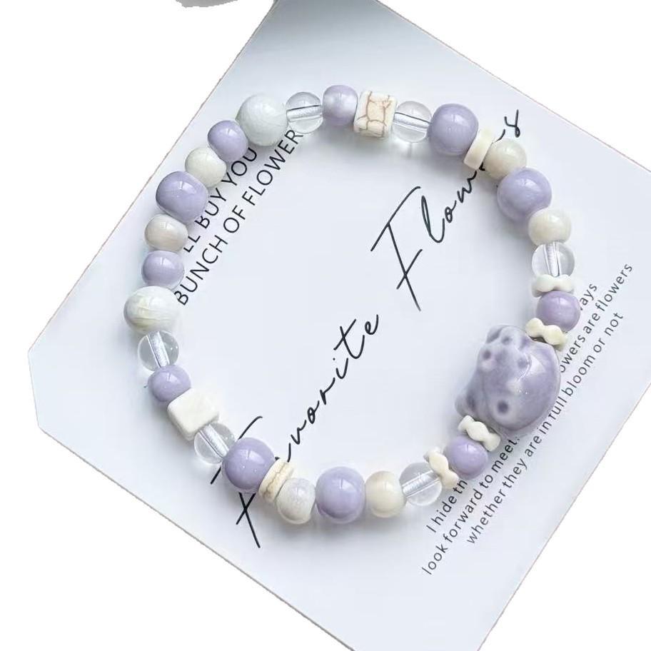 Macaron Ceramic Cat Bracelet - Mori Style Adjustable Woven Bracelet for Soft Girls