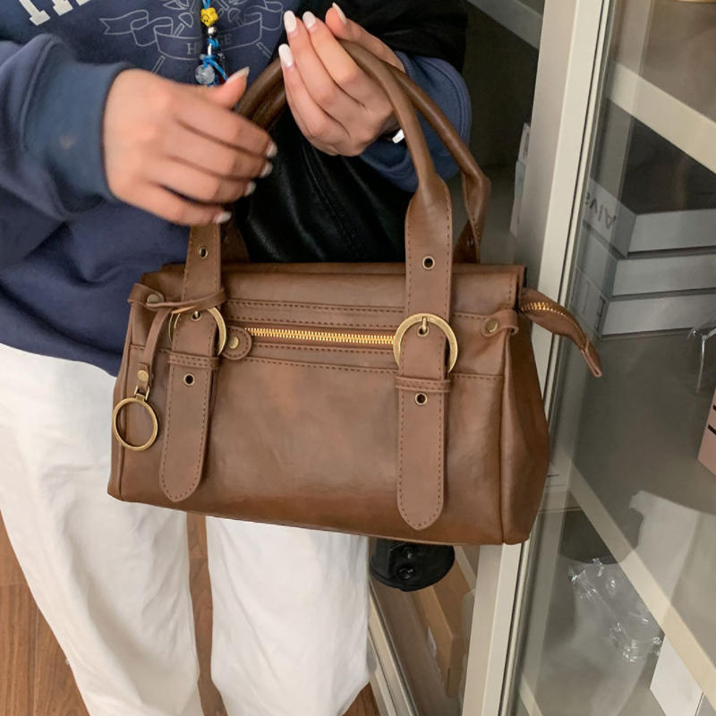Sac à Main Rétro Coréen Y2k Sac Bandoulière Fille Biker Marque Sac Bowler Rétro Fashi Bandoulière Réglable Sac sous le Bras Femme