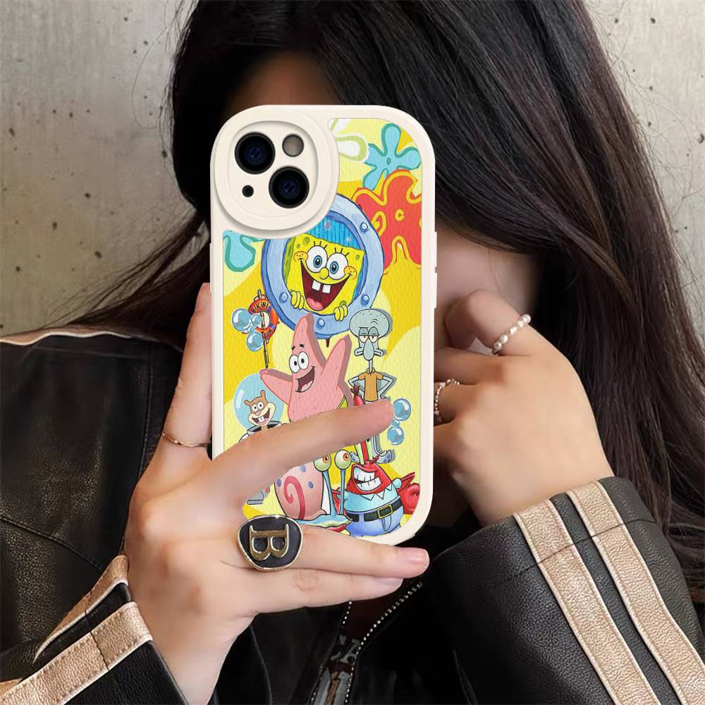 

Cartoon Cute S-SpongeBob Anime Phone Case For IPhone 16 15 14 13 12 11 Pro Max Plus Shockproof Leather Cover iPhone 14pro max