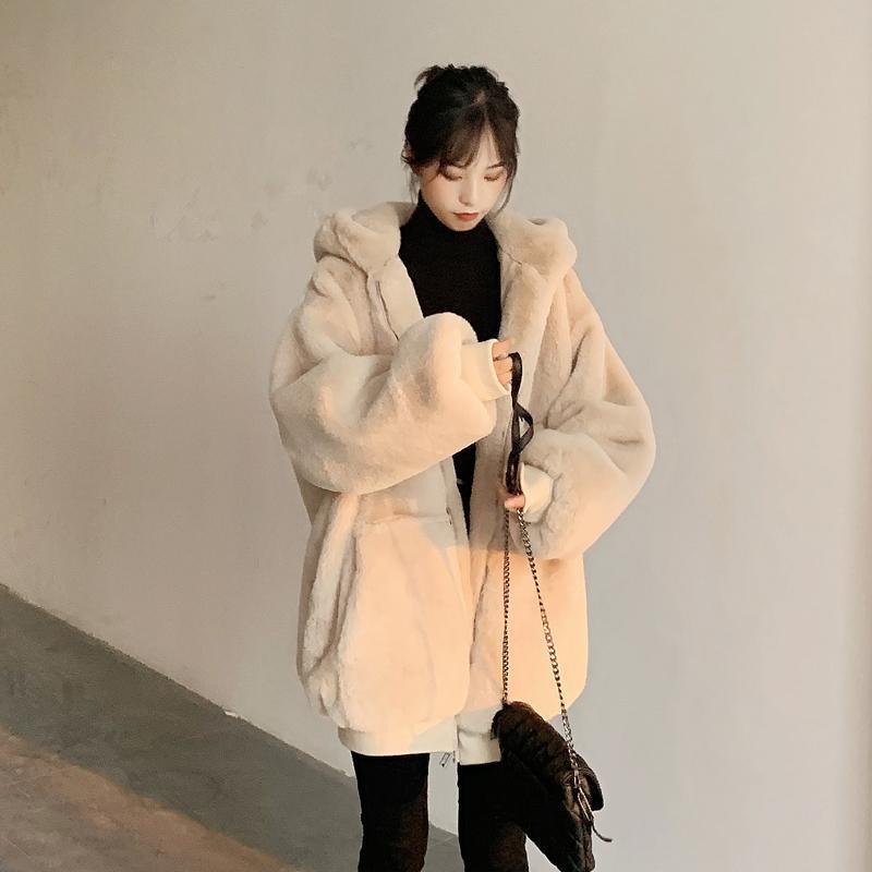 Plush Fur Jacket Women's Medium and Long Winter Cocoon Zipper Imitation Rabbit Fur Hooded Coat Loose