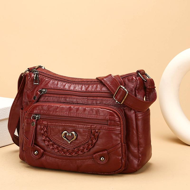 Vintage Crossbody Bag in Brown with Heart Accent - Adjustable Strap Multiple Zipper Pockets Small Crossbody Bag