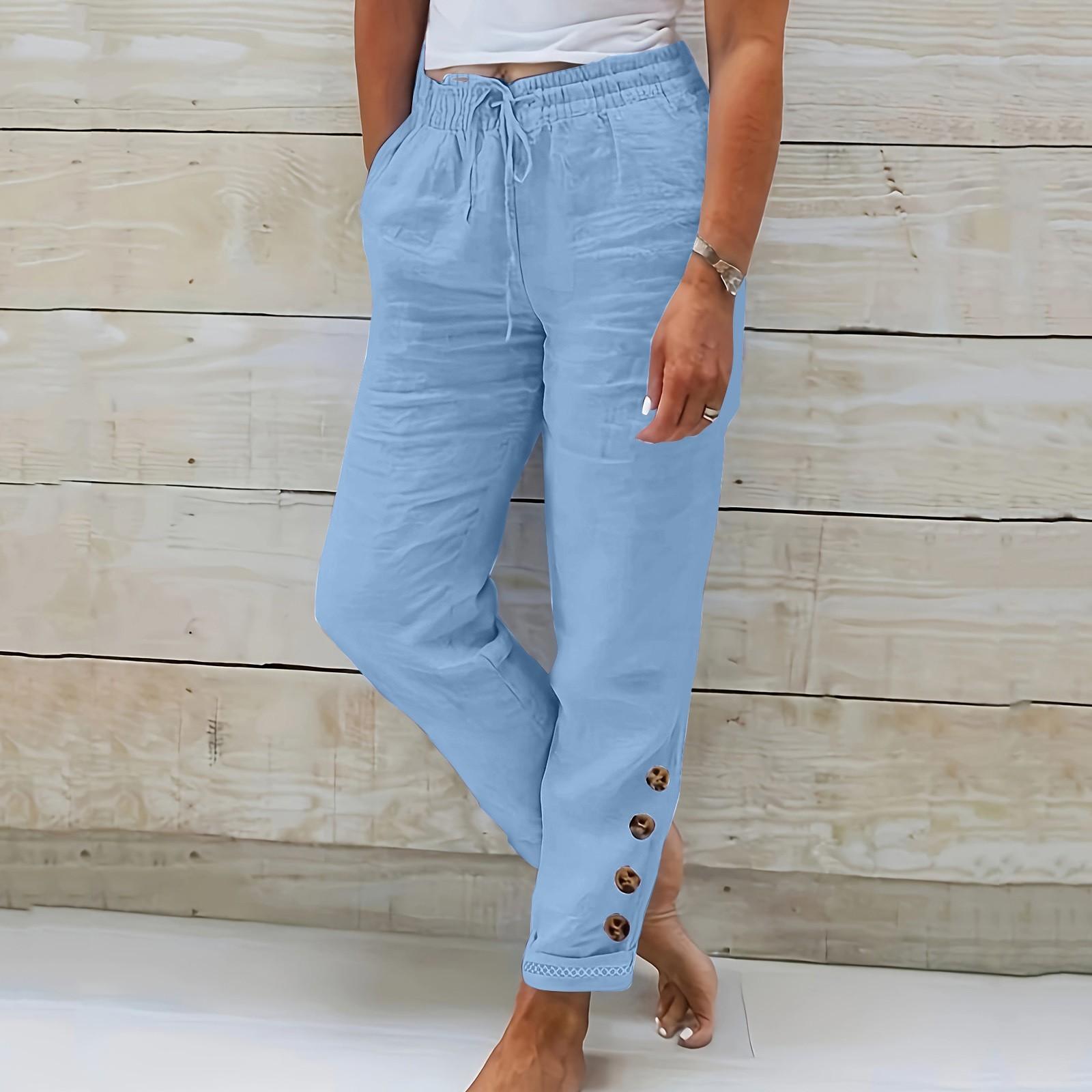 

Женские летние эластичные поясные карманы с карманами, однотонные хлопковые льняные широкие брюки, свободные брюки с девятью очками XXXL