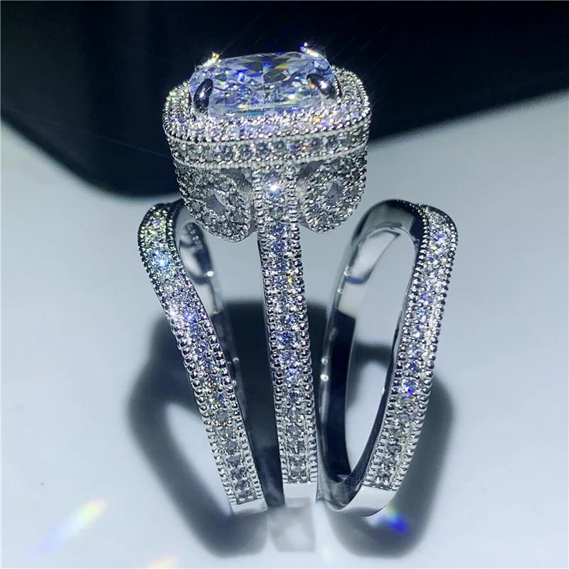 Joyería de Moda Vintage Set de 3 Anillos 925 Plata de Ley Forma Cojín Blanco Transparente Circonita Cúbica 5A Anillo de Banda para Mujer Tallas 5-10