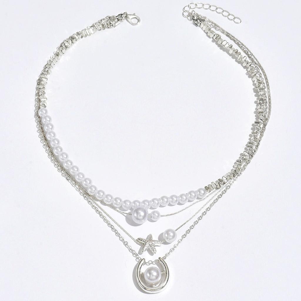 Star Shape Pendant Necklace For Women Fashionable Elegant Pearl Layered Jewelry