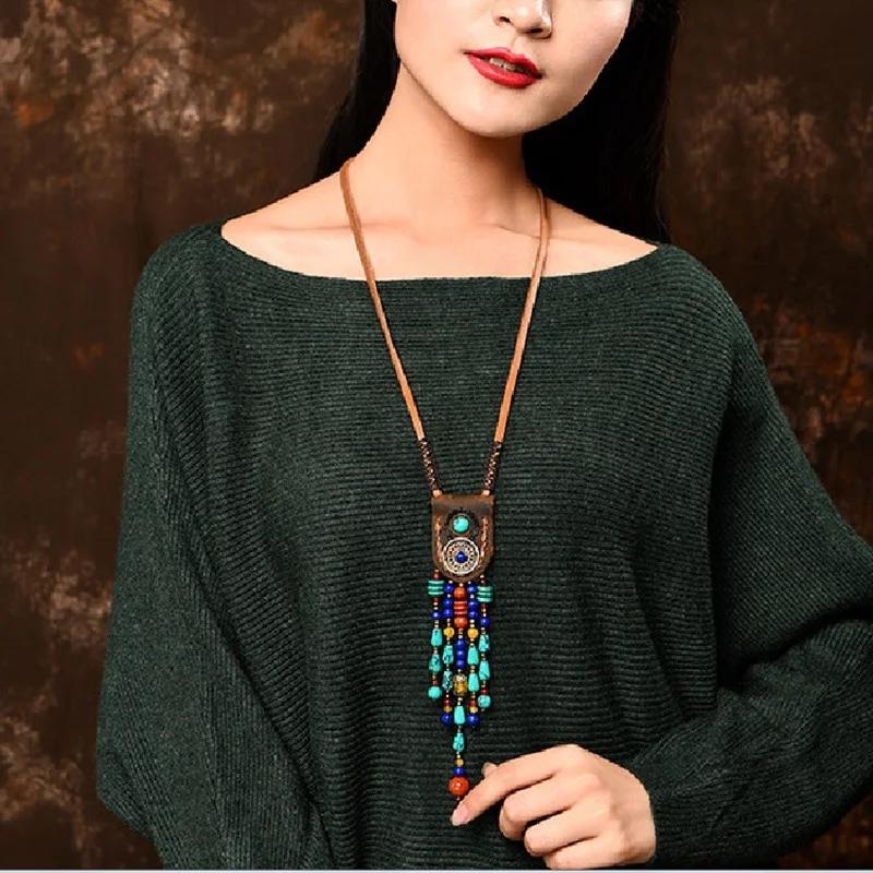 Fashion Long Tassel Leather Gemstone Necklace Women's Sweater Chain Niche Jewelry Necklace Wearing Matching Accessories
