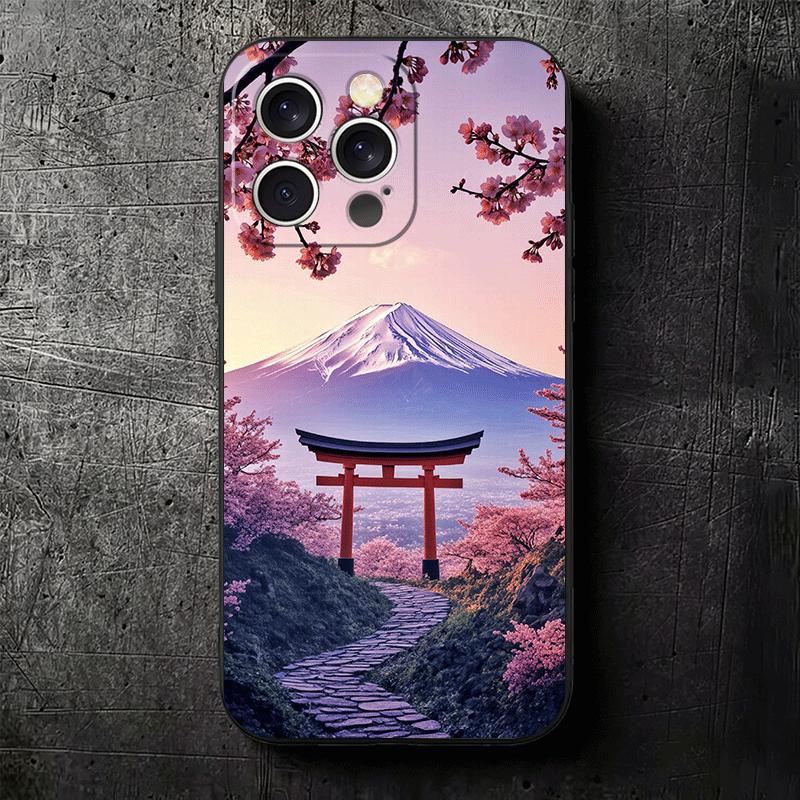 Japanese Pink Cherry Mount Fuji Soft Phone Case for iPhone 16 16E 17 Air 15 Pro Max 14 Plus 13 Mini 11 12 7 Black Cover Back She