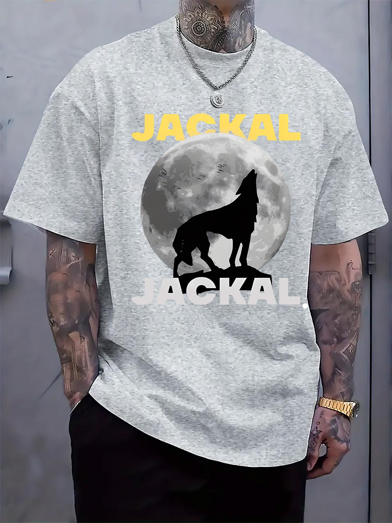 Casual Black Tshirt with Moon and Wolf Print - JACKAL Tex... S