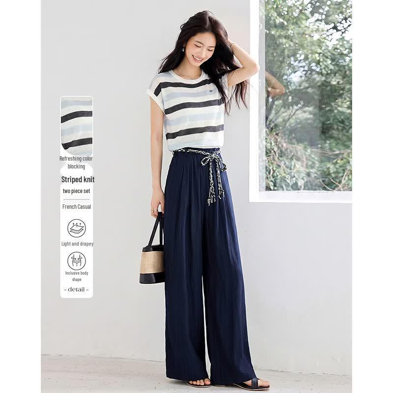 Si Shui Nian Hua Simple Elegant Short Sleeve Striped Top and Pants Women s Set XL