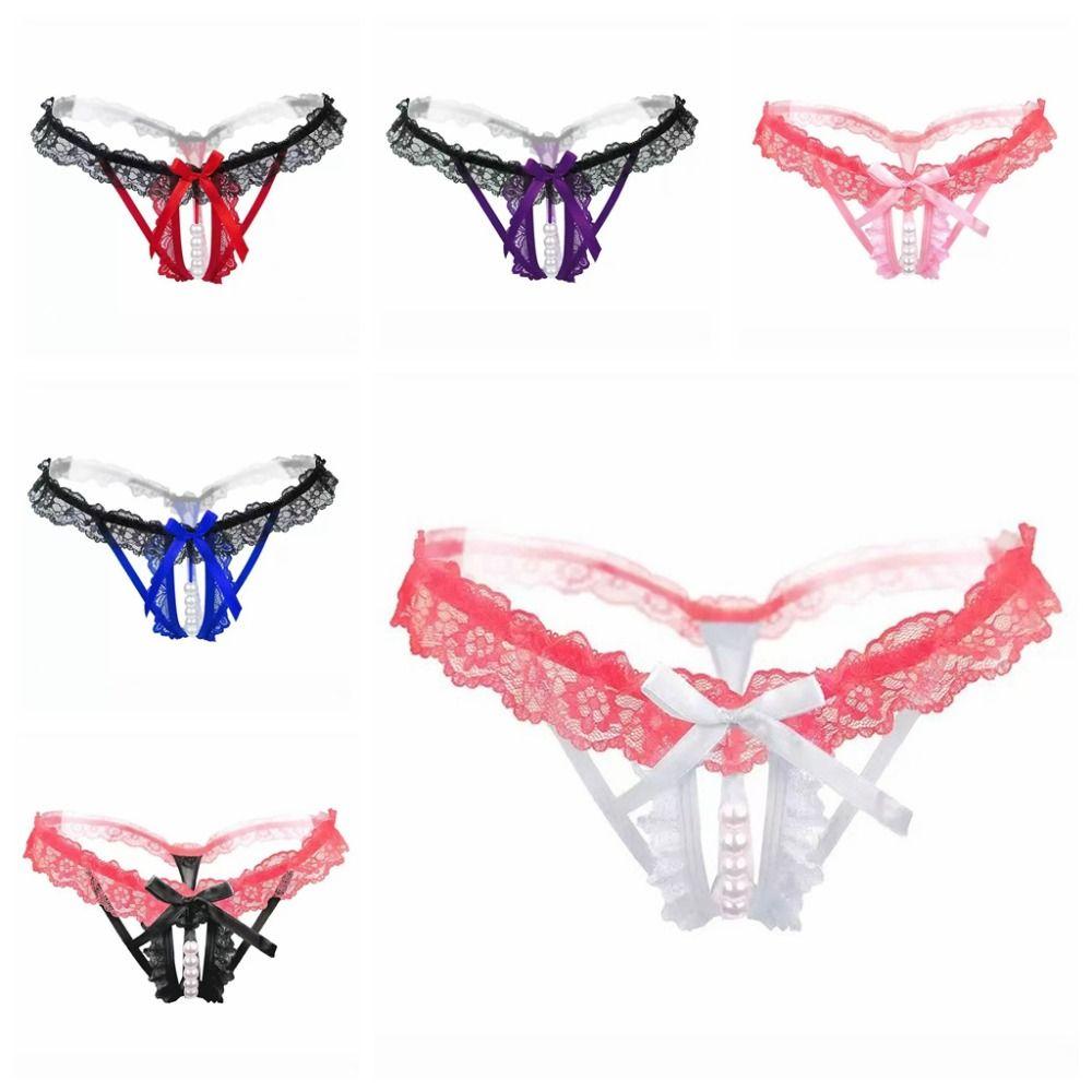 Open Crotch Lace Pearl Panties Low Waist See-through Thong Underwear for Women Ladies Girls