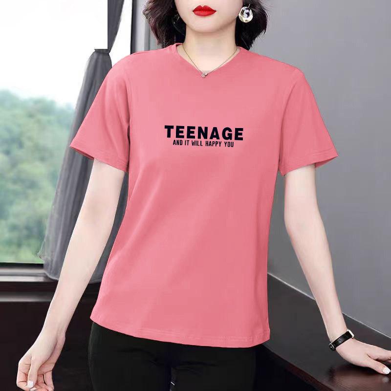 Plus Size Women's Loose Short Sleeve T-shirt, Summer Letter Print, Tummy Covering, Regular Shoulder, Clearance
