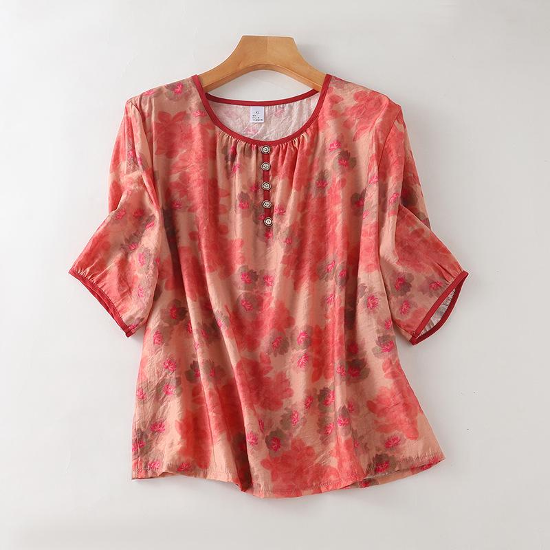 Chinese Style Tencel Cotton Short-Sleeved Top: Soft, Comfortable, and Breathable Pajamas for Middle-Aged and Elderly Women