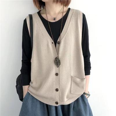Vintage Arts Style Knitted Vest Female Solid Color Sleeveless Button V-Neck Waistcoat Women Casual Loose Knitwear Coats