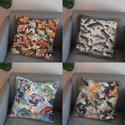 2D Colorful Koi Fish Pattern Decorative Pillow Cover Pattern Cushion Cover Suitable For Sofa Bedroom Car Pillow Cover