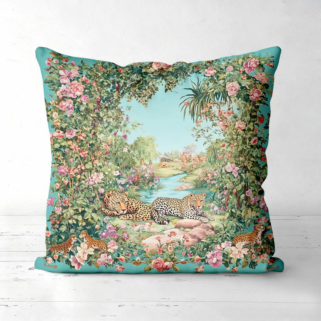 Vintage Floral Leopard Throw Pillow Covers for Home Decor Polyester Sofa Cushion Cov Headboard Pillow (Without Pillow Core