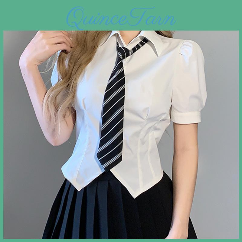 Striped Tie College Retro Style Turndown Collar Slim Short Sleeve White Shirt Womens Summer Short Top