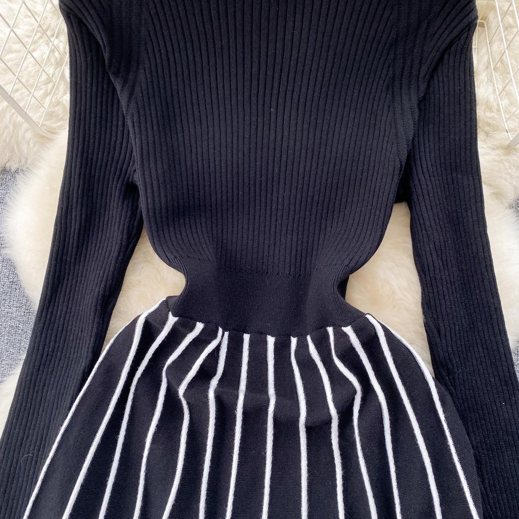 Téli őszi retro kötött csíkos ruha garbó hosszú ujjú vékony női elegáns színes blokk vintage pulóver vonalas ruha