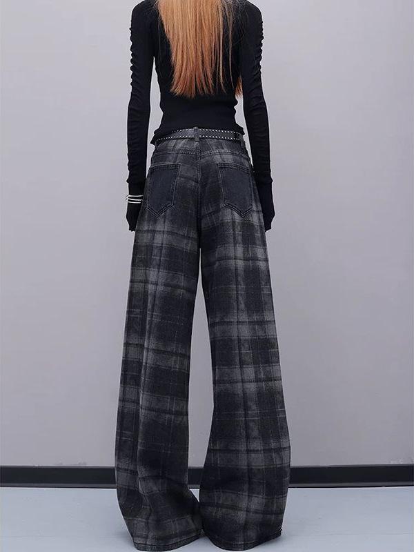 Retro Plaid Color Block Wide-Leg Jeans for Women