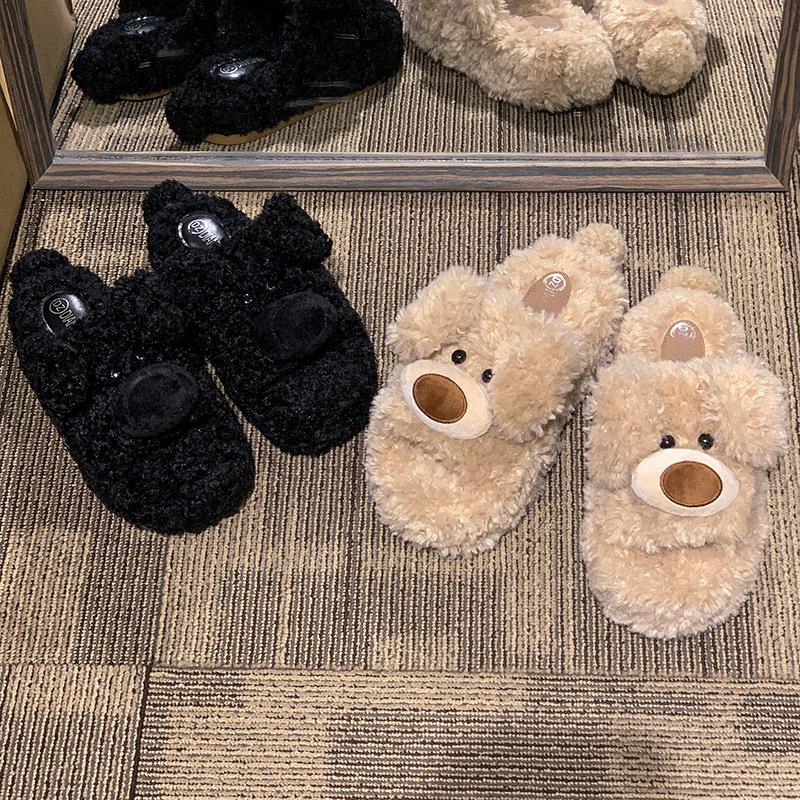 2025 autumn and winter new cartoon thick-soled fluffy slippers women wear open-toed plush home cotton slippers
