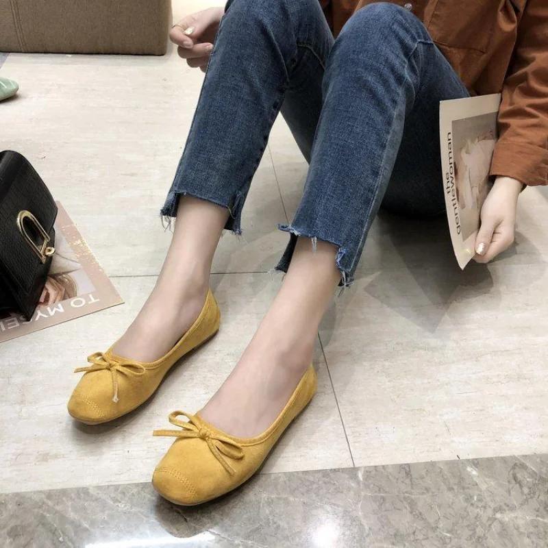 Fashion Shoes for Women Kawaii with Bow Green Ballet Cute Round Toe Woman Footwear E Non Slip Comfortable and Elegant Trend Lastest Shoe