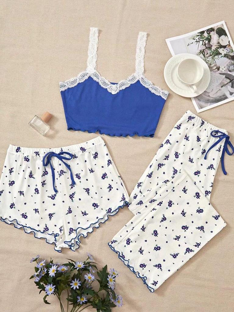 European & American Ribbed Lace Camisole Pajama Set - Includes Top, Shorts, and Pants