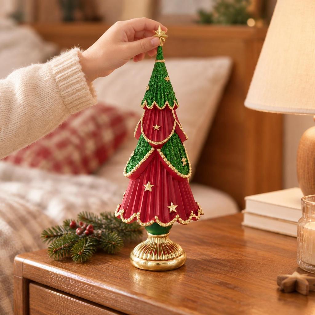 Resin Christmas Tree Figurine Seasonal Tapered Decor with Gold
