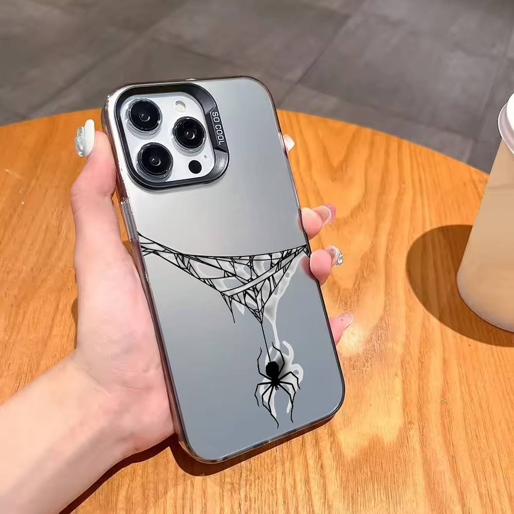 Gothic Spider Web Print Phone Case For iPhone17,16,15,14,13,12,11 Plus,Pro Max Black Border Silver Plated Cover