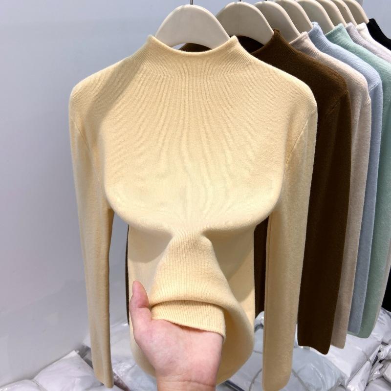 Simple Solid Color Small Stand-up Collar Milk Fufu Versatile Knitted Sweater Spring Soft Waxy Bottoming Shirt Women's Inner Top
