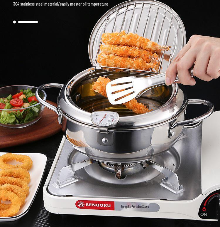 304 Stainless Steel Japanese Tempura Fryer Pot with Thermometer and Oil Rack