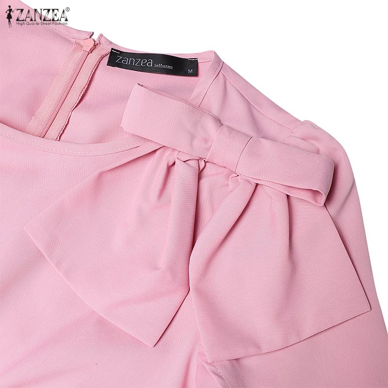 ZANZEA Women Casual Round Neck Bows Splice Half Sleeve Loose A-Line Dress