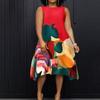 Plus Size Colorful Abstract Print Sleeveless Round Neck Asymmetrical Midi Dress