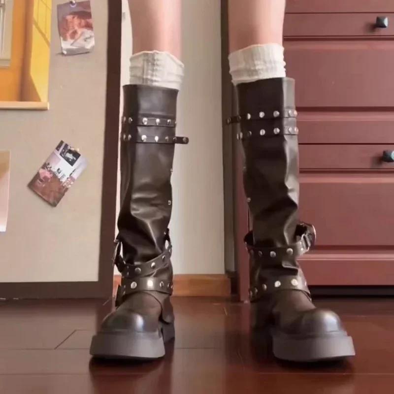 Fashion Retro Round Toe Pants Boots Fashion Walking Shoes Women Flats Knee High Chelsea Boots New Trend Motorcycle Boots Mujer Zapatos