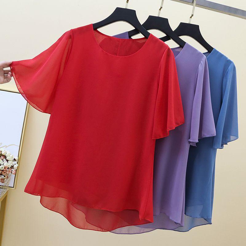 Large Size Chiffon Shirt Women's Short Sleeved Mom Outfit Summer Loose Top Round Neck Base Shirt