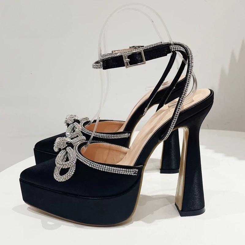

High Heels Women Pumps Fashion Butterfly-knot Crystal Pointed Toe Platform Chunky Party Prom Shoes 42 чёрный