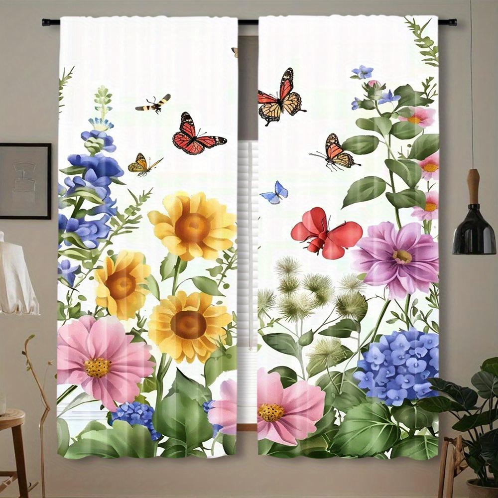 2pcs Semi-Transparent Yellow Sunflower Print Curtains Rod Pocket Design for Bedroom Office Kitchen & Living Room Window Decor