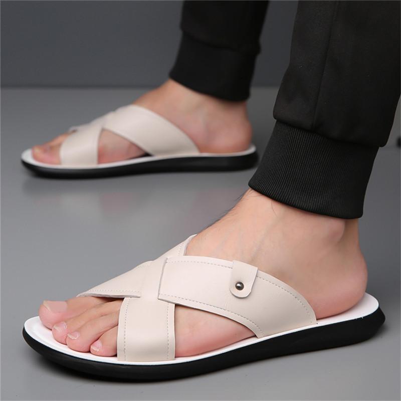 Summer Men Classic Lightweight One-line Slippers Men Anti-slip Pu Leather Casual Cool Slippers With Soft Beach Vacation Shoes