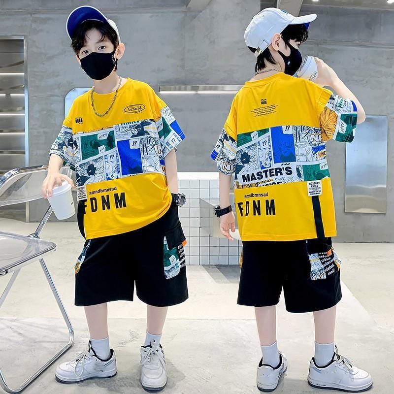 Boys' Summer Stylish Set Medium-Large Boys' Cartoon Print Crew Neck Short-Sleeve T-Shirt + Shorts Two-Piece Set