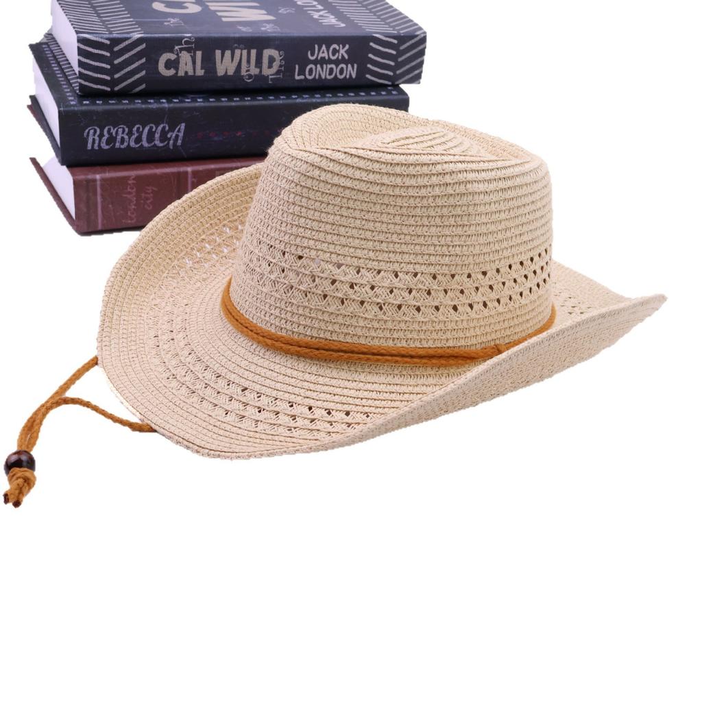 Hollow lace-up Panama straw hat new big eaves western cowboy hat summer outdoor sun protection hat