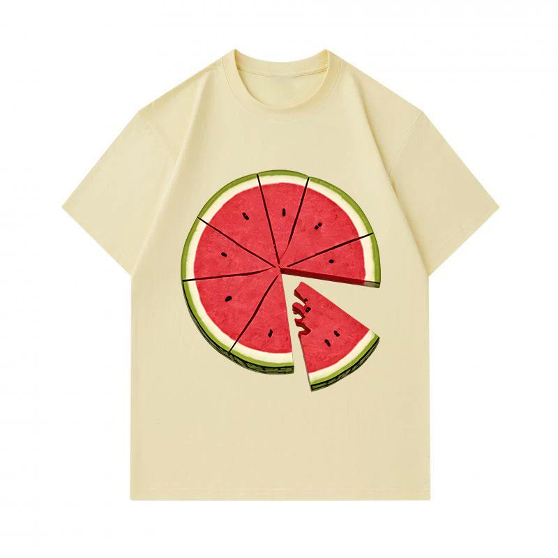 Men's 100% Cotton Crew Neck Short Sleeve T-Shirt, Creative Watermelon Slice Pizza Pattern Casual Summer Breathable Comfortable Loose Fit Tee for Daily