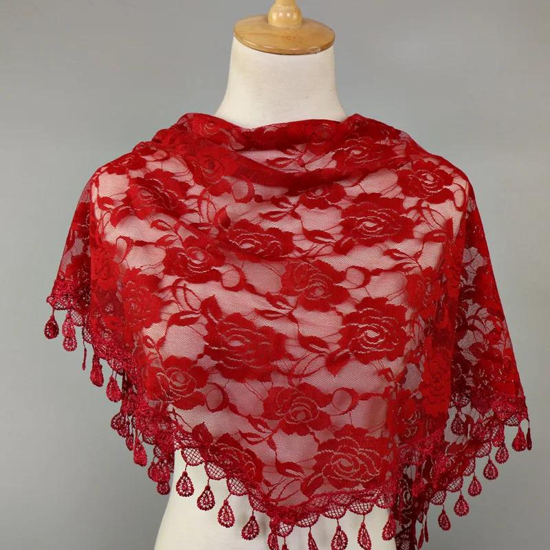 Sciarpa Triangolare con Pizzo Monocolore e Frange per Donna, Velo, Colore Puro, Fiore, Hijab da Preghiera 160*80cm