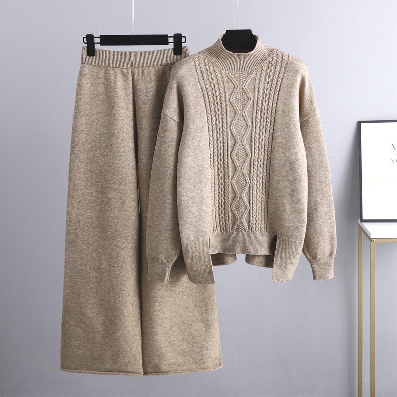 Autumn and Winter Women's Sweater Set Knitted Thickened Loose High Neck Sweater Wide Leg Pants Two-piece Set